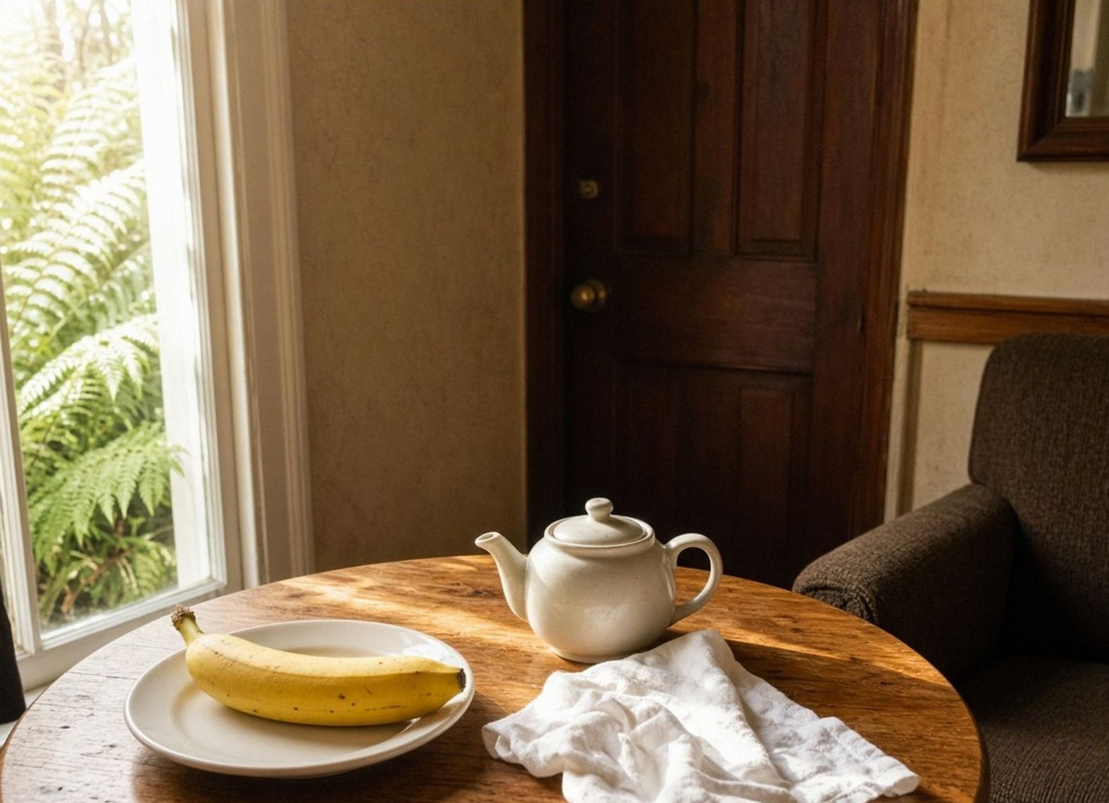 Small breakfast table with a teapot, banana and ceramic plate by a window