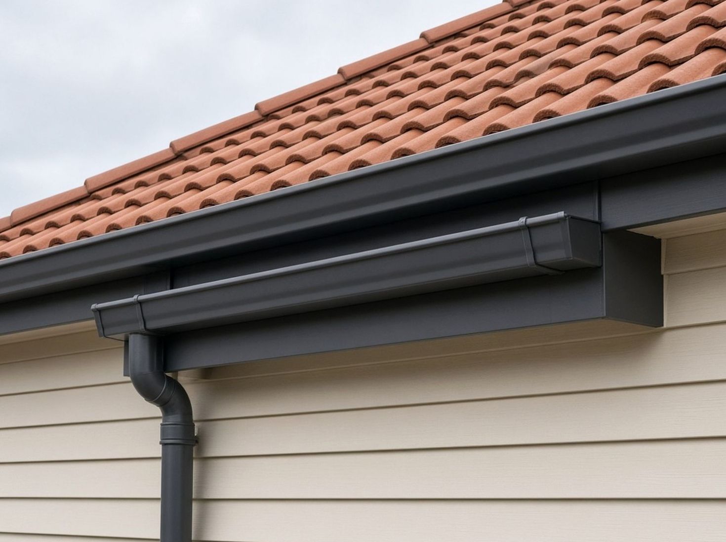 Clay roof tiles and a painted gutter above cream weatherboard