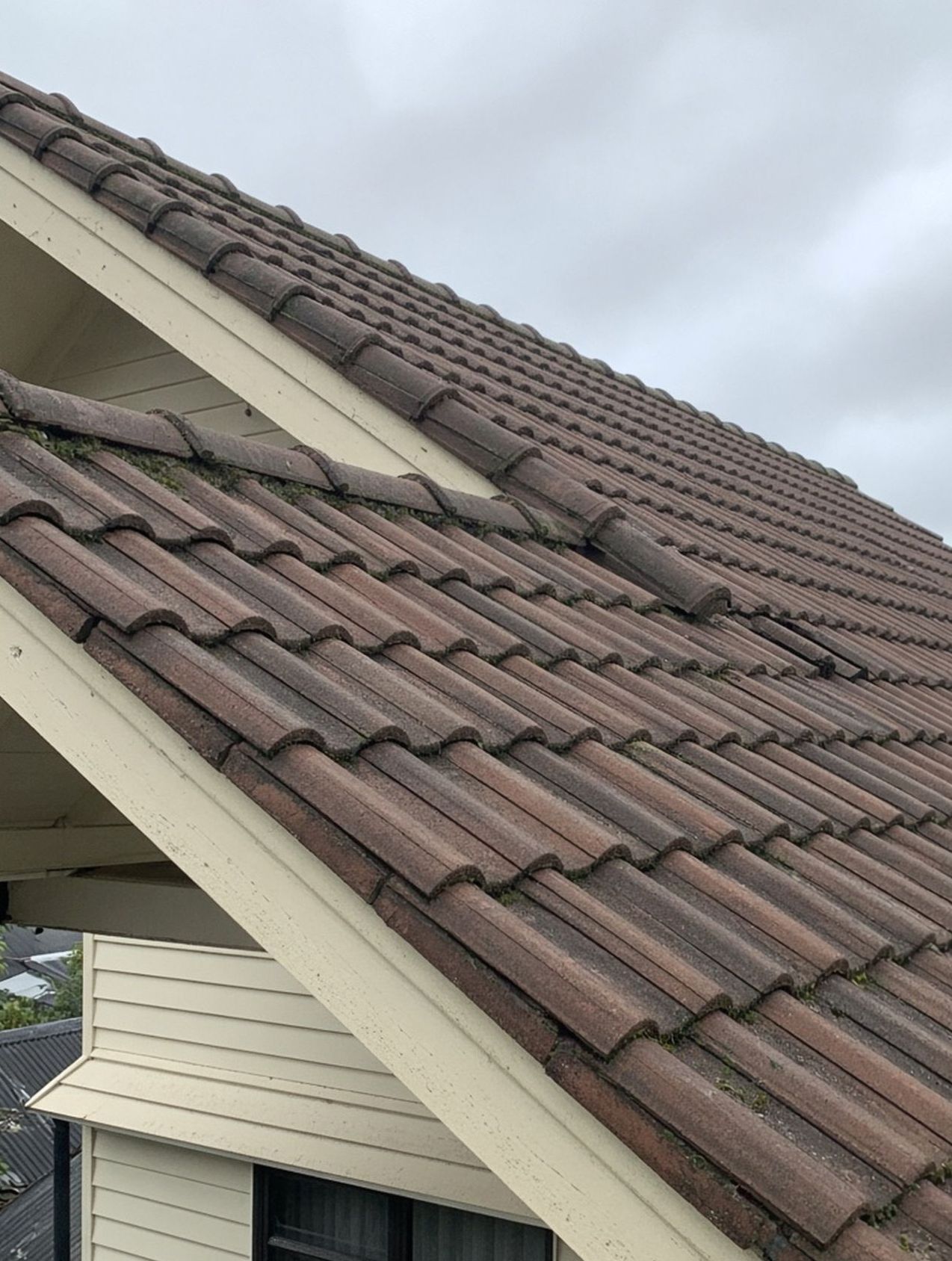 Clay roof hip and bargeboard against a grey Auckland sky