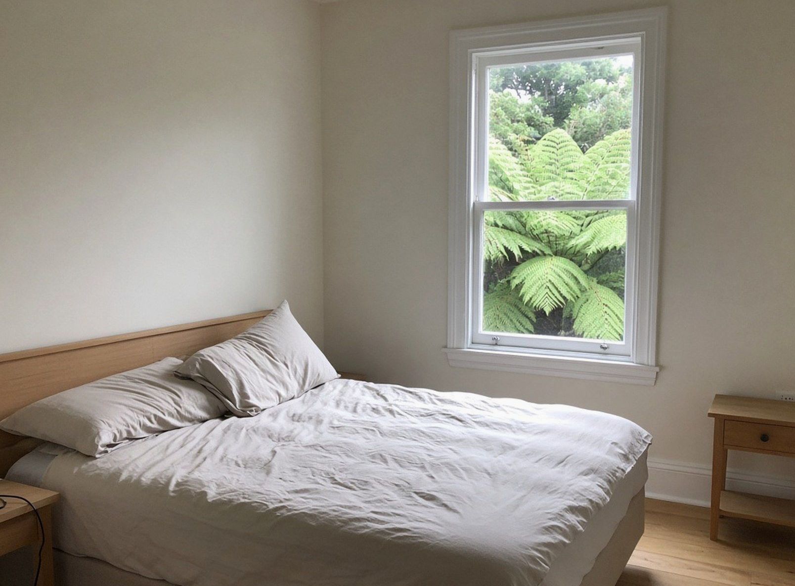 Hotel bedroom with rumpled linen and a garden window