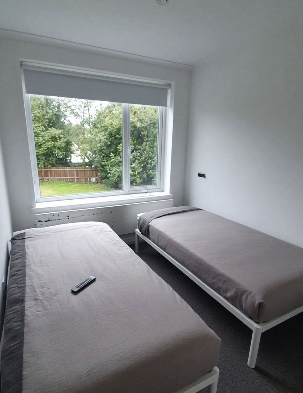 Two single beds with plain covers in a Glen Eden hotel room